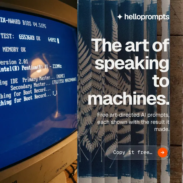 Instagram post for HelloPrompts: "The art of speaking to machines." Agentic glass style, right layout, dark palette in grey, blue, black.