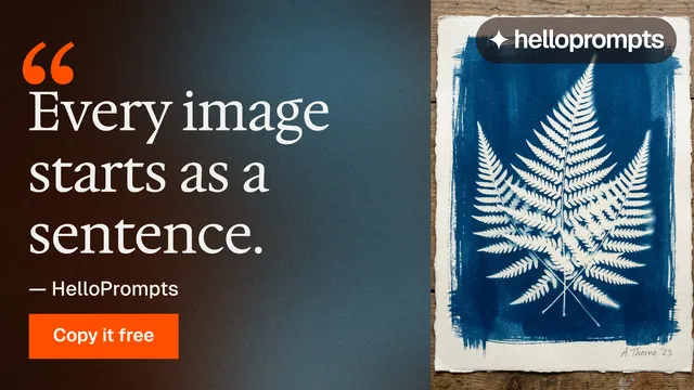 Landscape graphic for HelloPrompts: "The sentence behind the image." Swiss style, quote layout, dark palette in grey, blue, black.