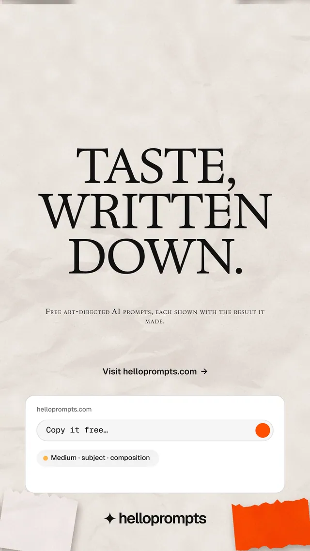Instagram story for HelloPrompts: "Taste, written down." Retro print style, smallcaps layout, light palette in orange, white.