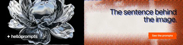 LinkedIn banner for HelloPrompts: "The sentence behind the image." Swiss style, right layout, light palette in red, black, grey.