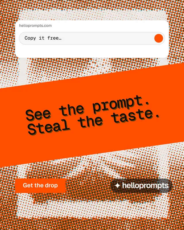 Instagram portrait post for HelloPrompts: "See the prompt. Steal the taste." Retro print style, diagonal layout, light palette in orange.