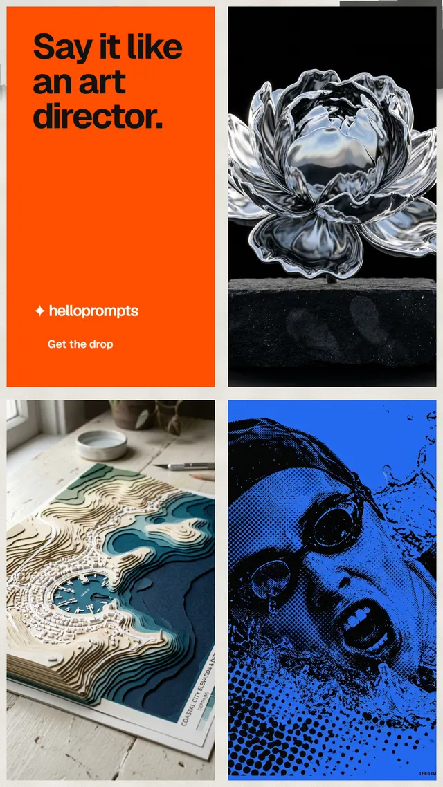 Instagram story for HelloPrompts: "Say it like an art director." Swiss style, collage layout, dark palette in black, red, grey.