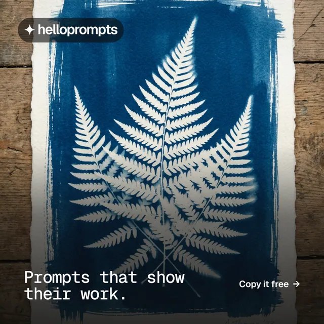 Instagram post for HelloPrompts: "Prompts that show their work." Swiss style, image led layout, dark palette in blue, black, grey.