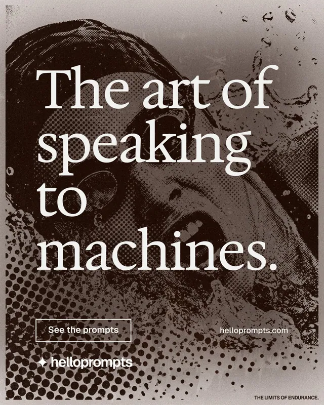 Instagram portrait post for HelloPrompts: "The art of speaking to machines." Editorial style, poster layout, dark palette in orange, black, grey.
