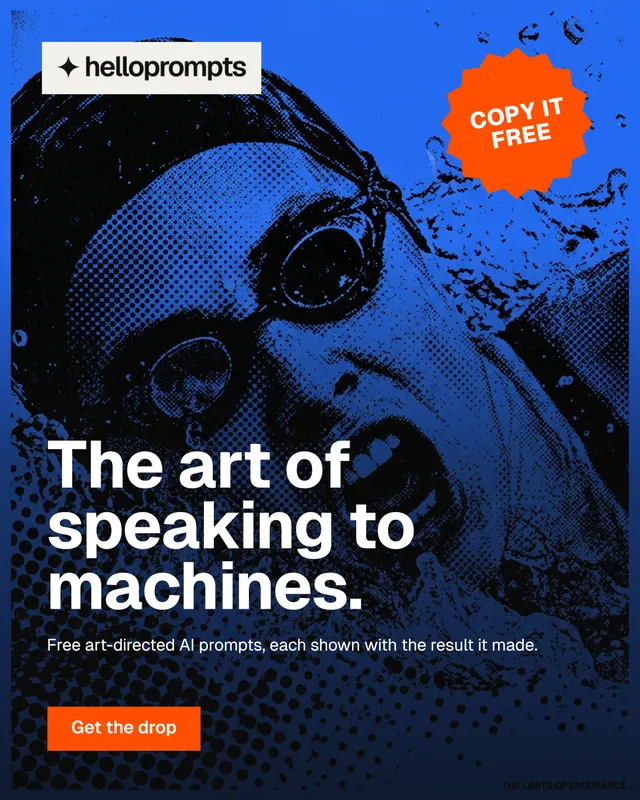 Instagram portrait post for HelloPrompts: "The art of speaking to machines." Swiss style, sticker layout, dark palette in blue, black.