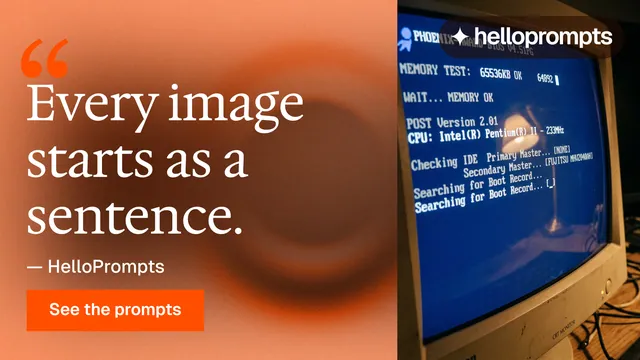 Landscape graphic for HelloPrompts: "Say it like an art director." Swiss style, quote layout, dark palette in orange, blue, brown.