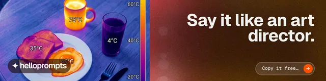 LinkedIn banner for HelloPrompts: "Say it like an art director." Agentic glass style, right layout, dark palette in red, purple, blue.