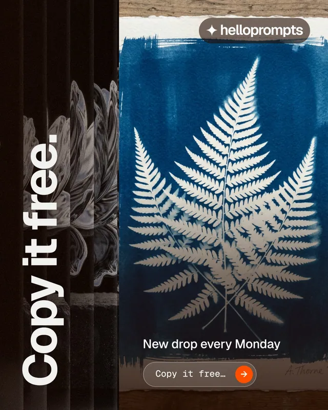 Instagram portrait post for HelloPrompts: "Copy it free." Agentic glass style, vertical layout, dark palette in black, blue, grey.