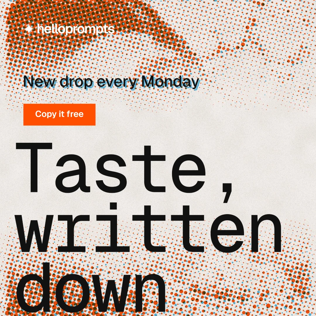 Instagram post for HelloPrompts: "Say it like an art director." Swiss style, oversized layout, light palette in orange, brown.