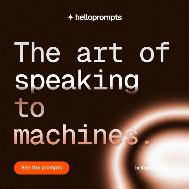Instagram post for HelloPrompts: "The art of speaking to machines." Y2K style, poster layout, dark palette in black, orange.