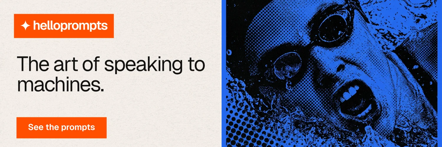 X header for HelloPrompts: "The art of speaking to machines." Swiss style, bottom layout, light palette in blue, black, white.