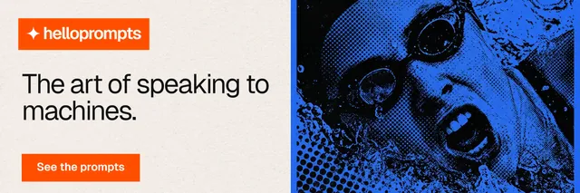 X header for HelloPrompts: "The art of speaking to machines." Swiss style, bottom layout, light palette in blue, black, white.