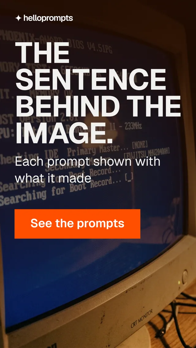 Instagram story for HelloPrompts: "The sentence behind the image." Swiss style, skeleton layout, dark palette in blue, black, brown.