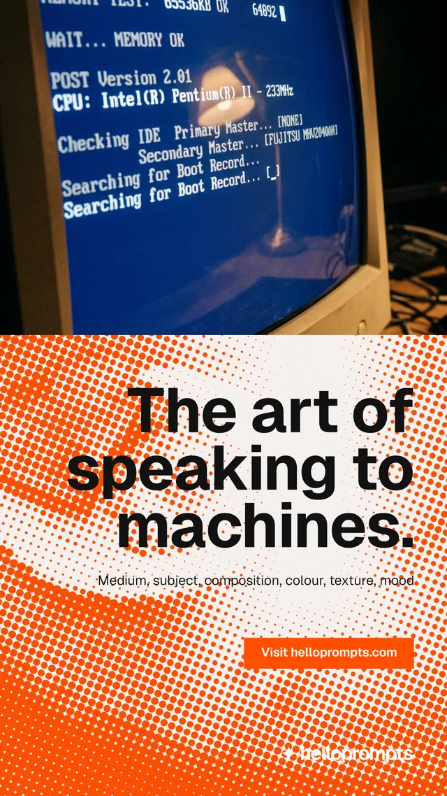 Instagram story for HelloPrompts: "The art of speaking to machines." Split block style, right layout, light palette in blue, orange.