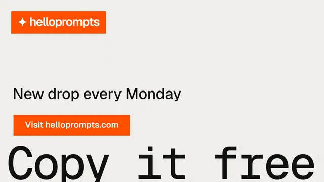 Landscape graphic for HelloPrompts: "Prompts that show their work." Swiss style, oversized layout, light palette in white, orange.