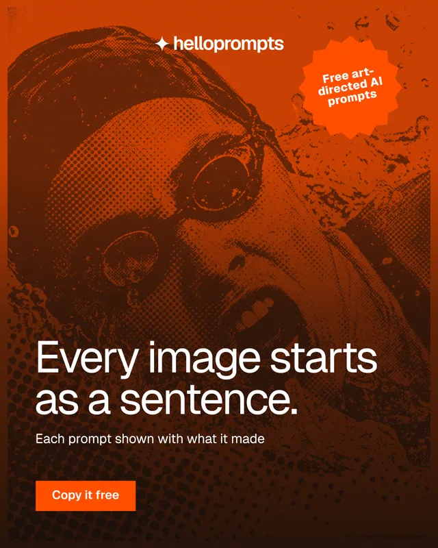 Instagram portrait post for HelloPrompts: "Every image starts as a sentence." Retro print style, sticker layout, dark palette in black, orange, brown.