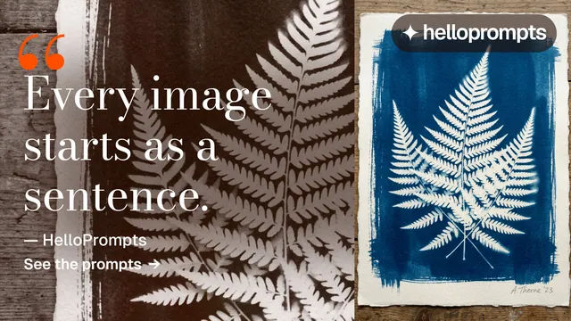 Landscape graphic for HelloPrompts: "Copy it free." Minimal luxury style, quote layout, dark palette in blue, grey, orange.