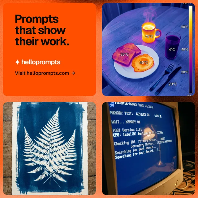 Instagram post for HelloPrompts: "Prompts that show their work." Agentic glass style, collage layout, dark palette in blue, red, grey.