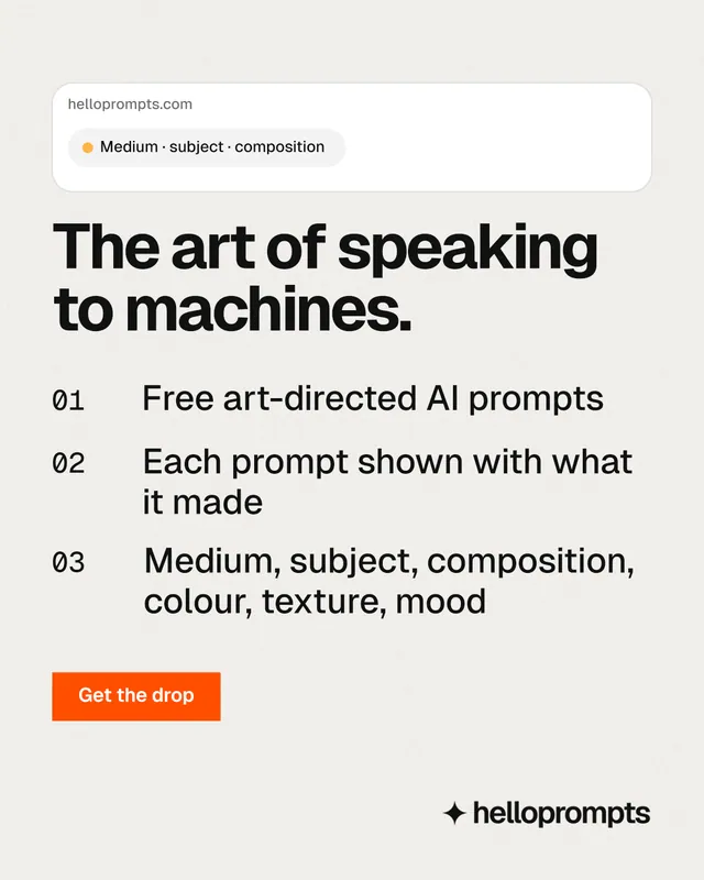 Instagram portrait post for HelloPrompts: "The art of speaking to machines." Swiss style, numbered layout, light palette in white, grey.