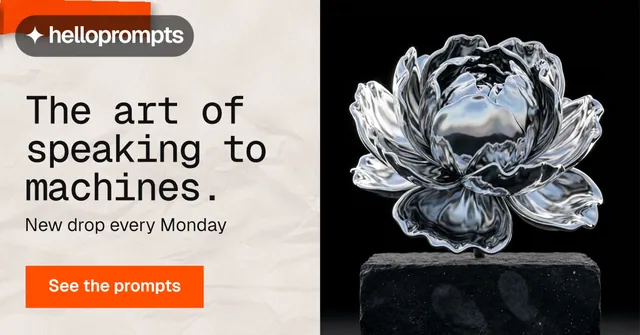 Social ad for HelloPrompts: "The art of speaking to machines." Swiss style, bottom layout, light palette in black, orange, grey.