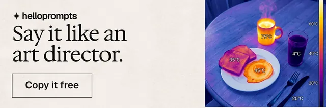 X header for HelloPrompts: "Say it like an art director." Editorial style, skeleton layout, light palette in blue, white, orange.