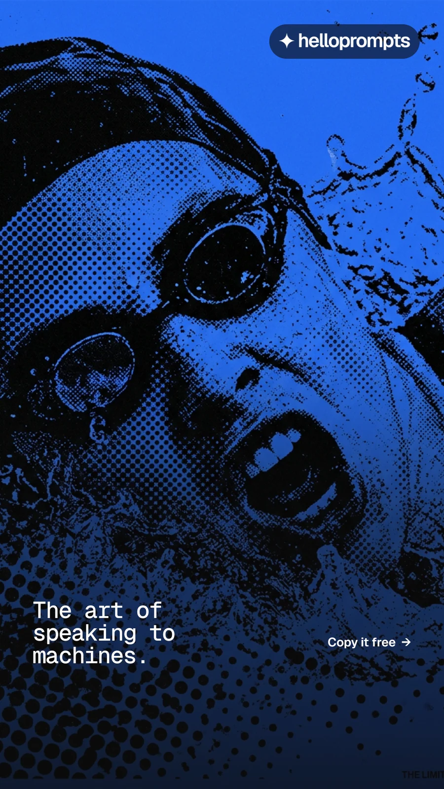 Instagram story for HelloPrompts: "The art of speaking to machines." Swiss style, image led layout, dark palette in blue, black.