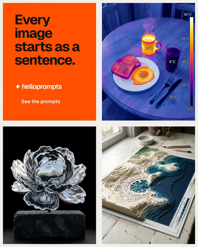 Instagram portrait post for HelloPrompts: "Every image starts as a sentence." Swiss style, collage layout, dark palette in blue, grey, red.