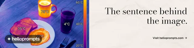 LinkedIn banner for HelloPrompts: "The sentence behind the image." Minimal luxury style, right layout, light palette in white, purple, blue.