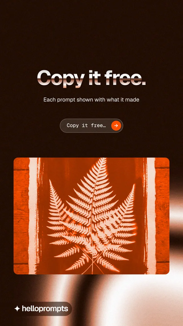 Instagram story for HelloPrompts: "Copy it free." Agentic glass style, centred layout, dark palette in black, orange.