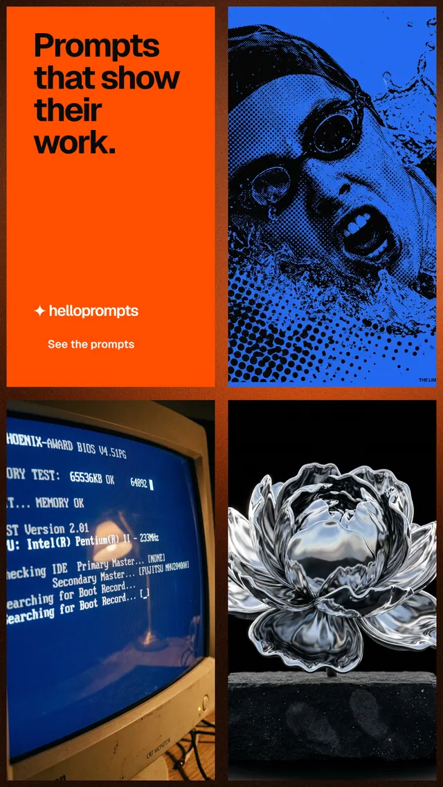 Instagram story for HelloPrompts: "Prompts that show their work." Swiss style, collage layout, dark palette in black, orange, grey.