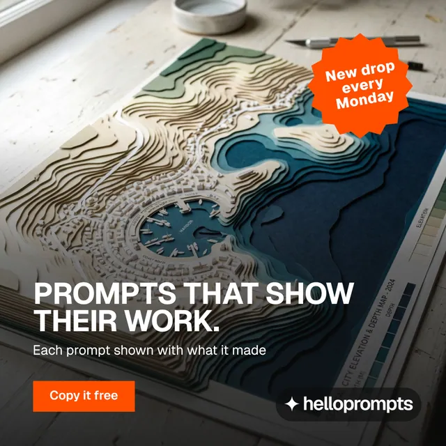 Instagram post for HelloPrompts: "Prompts that show their work." Swiss style, sticker layout, dark palette in grey, black, orange.