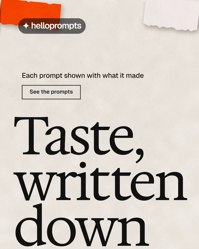 Instagram portrait post for HelloPrompts: "Every image starts as a sentence." Editorial style, oversized layout, light palette in orange, grey, white.