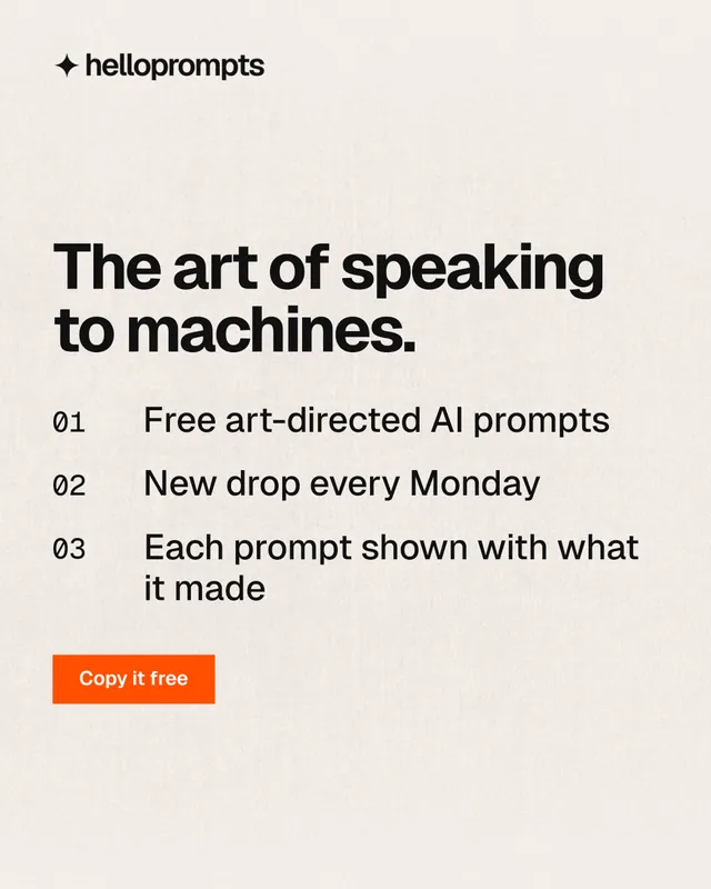 Instagram portrait post for HelloPrompts: "The art of speaking to machines." Swiss style, numbered layout, light palette in white, orange, grey.