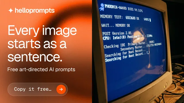 Landscape graphic for HelloPrompts: "Every image starts as a sentence." Agentic glass style, bottom layout, dark palette in blue, orange.