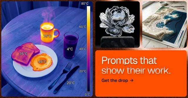 Social ad for HelloPrompts: "Prompts that show their work." Agentic glass style, collage layout, dark palette in blue, red, grey.