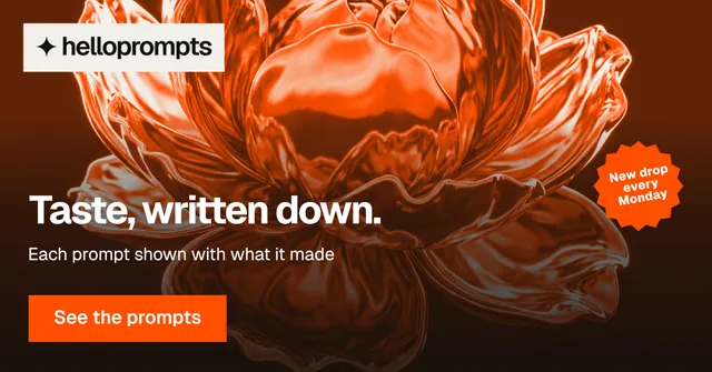 Social ad for HelloPrompts: "Taste, written down." Swiss style, sticker layout, dark palette in orange, black, brown.