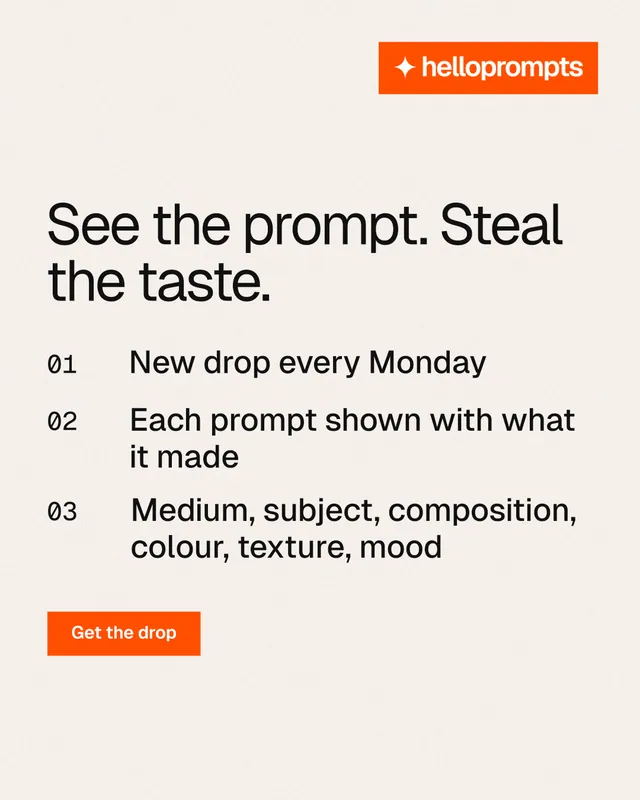 Instagram portrait post for HelloPrompts: "See the prompt. Steal the taste." Swiss style, numbered layout, light palette in white, orange.
