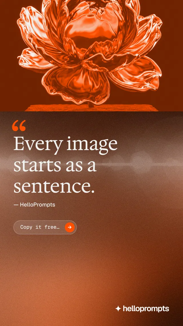 Instagram story for HelloPrompts: "Every image starts as a sentence." Agentic glass style, quote layout, dark palette in orange, brown.