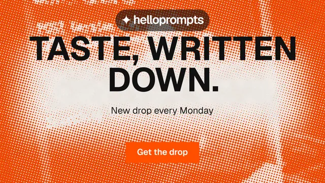 Landscape graphic for HelloPrompts: "Taste, written down." Retro print style, centred layout, light palette in orange.