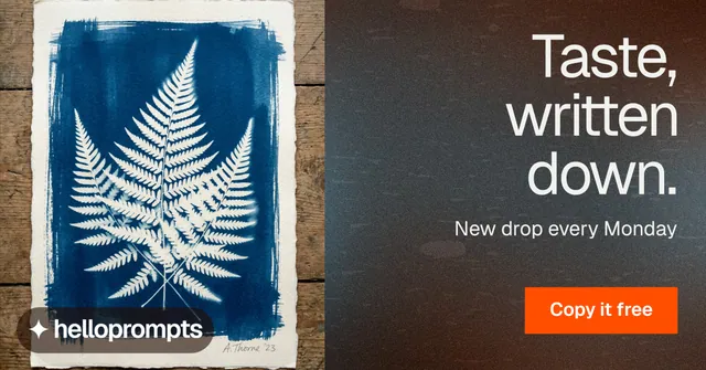 Social ad for HelloPrompts: "Taste, written down." Swiss style, right layout, dark palette in black, grey, orange.
