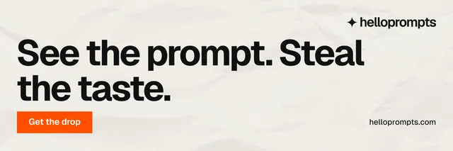X header for HelloPrompts: "See the prompt. Steal the taste." Swiss style, poster layout, light palette in white, yellow, grey.