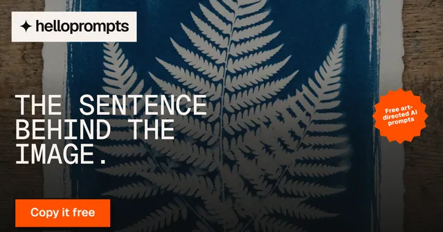 Social ad for HelloPrompts: "The sentence behind the image." Brutalist style, sticker layout, dark palette in black, orange, grey.