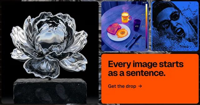 Social ad for HelloPrompts: "Every image starts as a sentence." Agentic glass style, collage layout, dark palette in black, grey, orange.