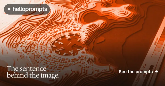 Social ad for HelloPrompts: "The sentence behind the image." Editorial style, image led layout, dark palette in orange, brown.