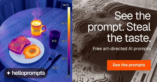 Social ad for HelloPrompts: "See the prompt. Steal the taste." Swiss style, right layout, dark palette in blue, grey, pink.