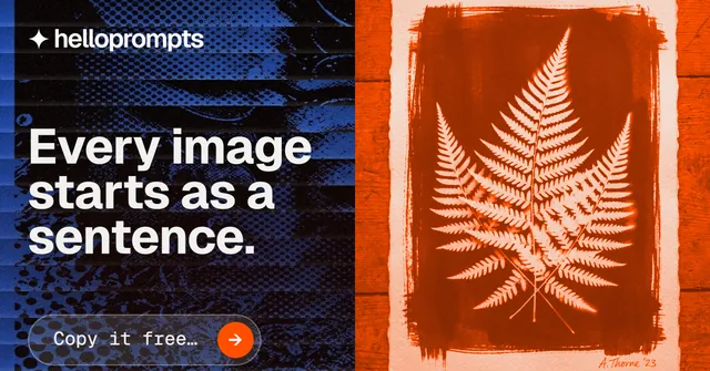 Social ad for HelloPrompts: "Every image starts as a sentence." Agentic glass style, bottom layout, dark palette in black, red, orange.
