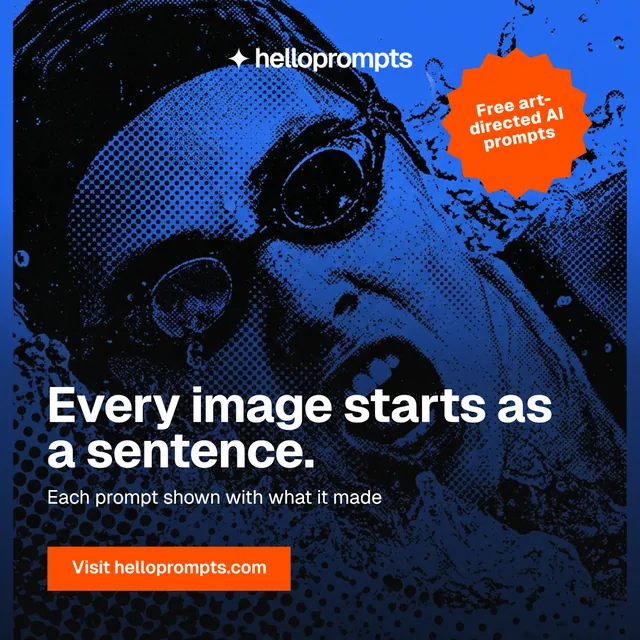 Instagram post for HelloPrompts: "Every image starts as a sentence." Swiss style, sticker layout, dark palette in blue, black.