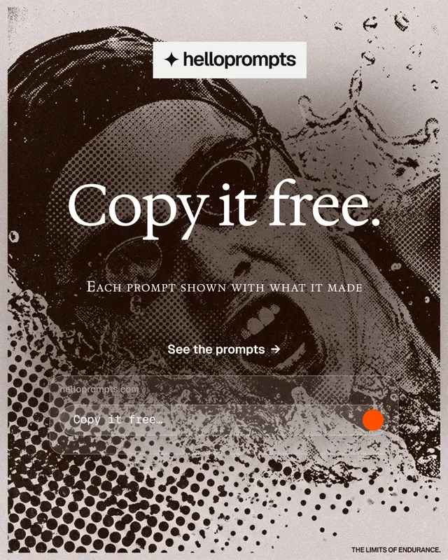 Instagram portrait post for HelloPrompts: "Copy it free." Editorial style, smallcaps layout, dark palette in grey, orange, white.