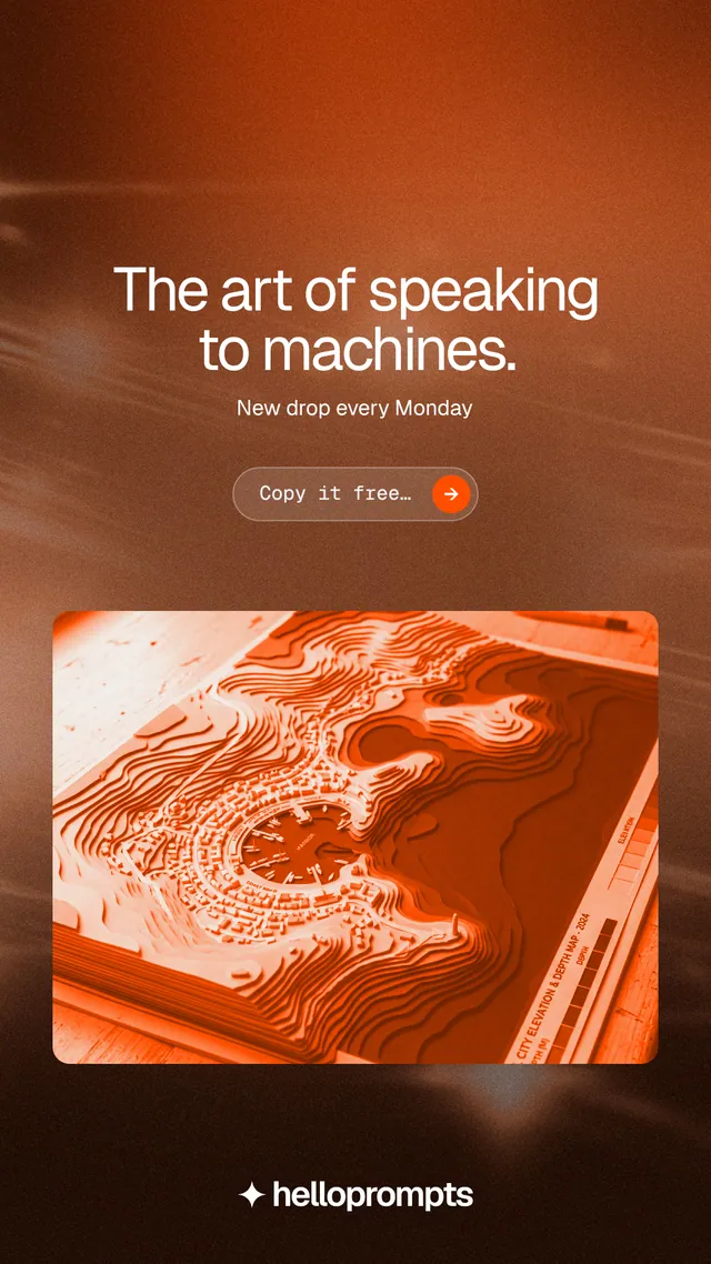 Instagram story for HelloPrompts: "The art of speaking to machines." Agentic glass style, centred layout, dark palette in brown, orange.