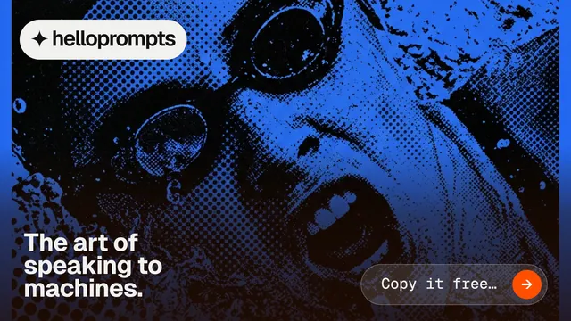 Landscape graphic for HelloPrompts: "The art of speaking to machines." Agentic glass style, image led layout, dark palette in black, blue.